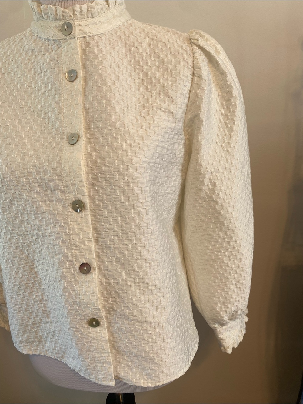 THML Cream Textured Ruffle-Neck Button Front Blouse - Picture 3 of 8